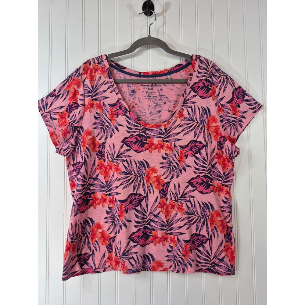 Tommy Bahama Womens Pink Tropical Floral Cotton Slub Scoop Neck T-Shirt XL